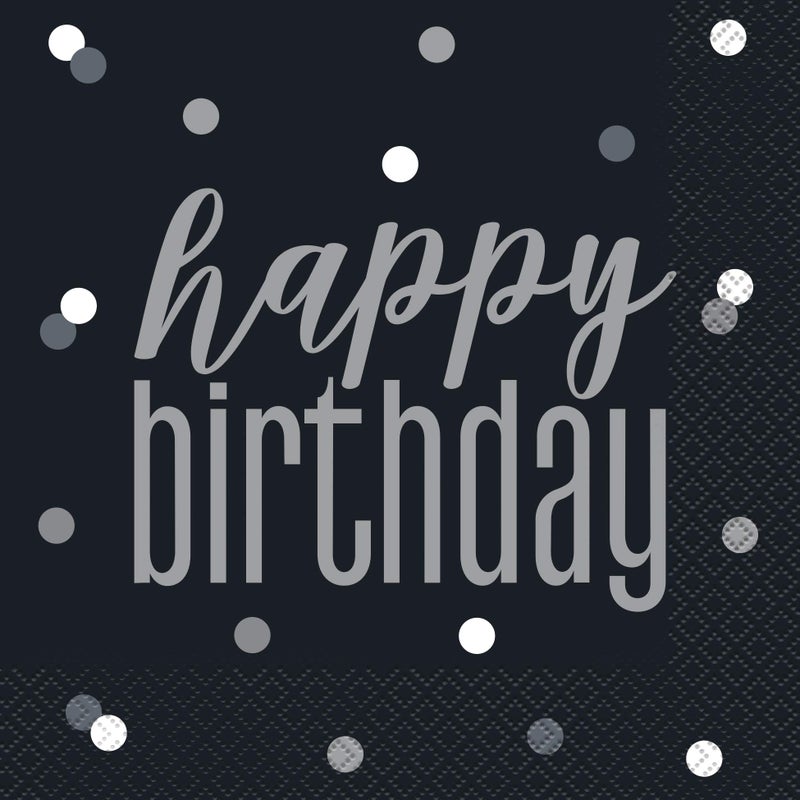 Elegant Glitz Black & Silver Happy Birthday Luncheon Napkins (16cm) - Chic & Sparkling Design - Perfect for Sophisticated Celebrations - 16ct
